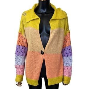 Storia Pastel Colorblock Knit Cardigan Sweater NWOT Boho Single Button Size S